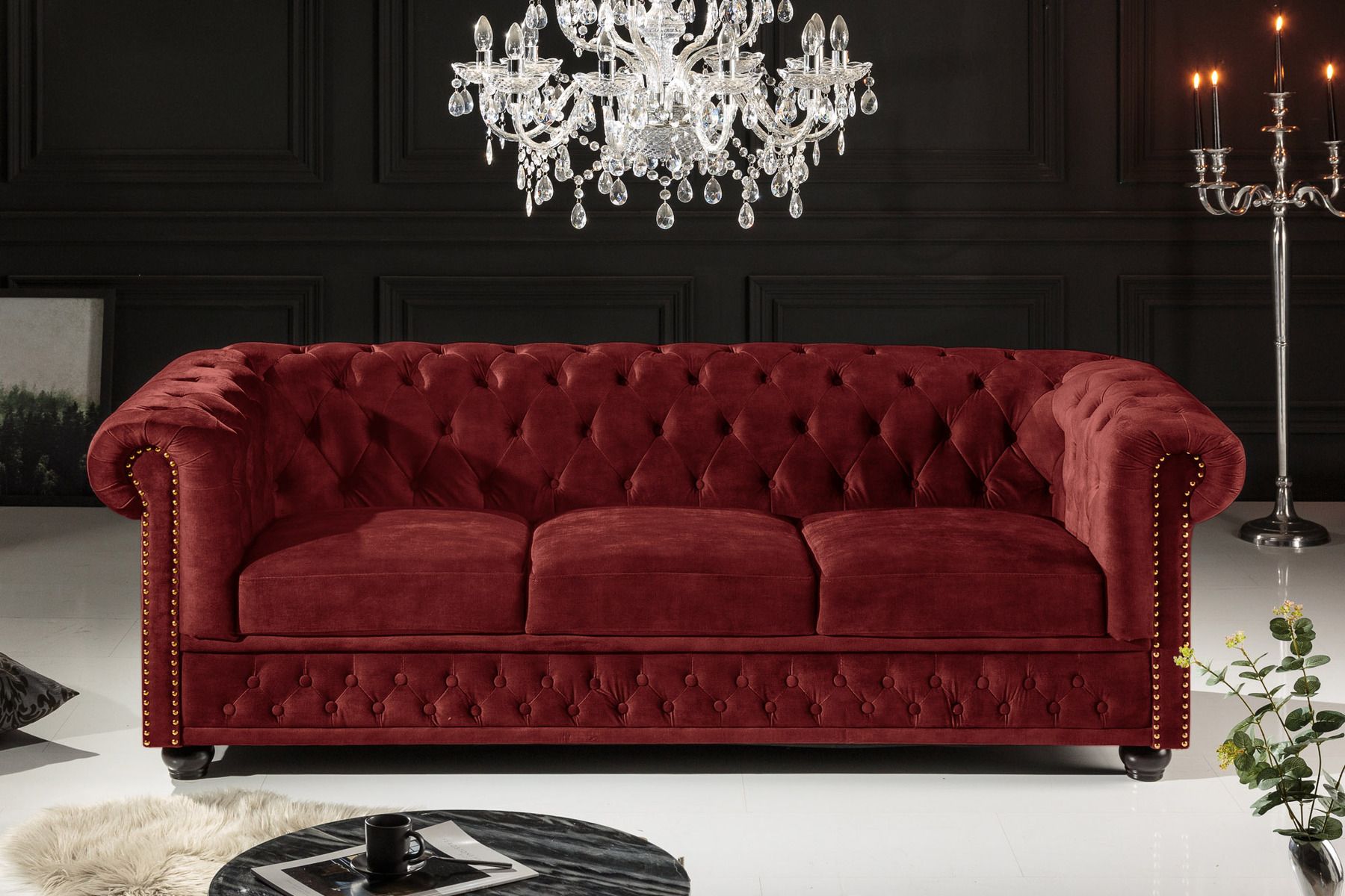 Barock Sofa CHESTERFIELD 205cm bordeaux rot Samt Federkern Knopfheftung 3-Sitzer Couch