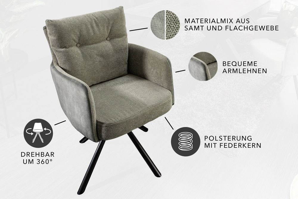 Drehbarer Stuhl BIG GEORGE grün Samt Strukturstoff Armlehnenstuhl Taschenfederkern
