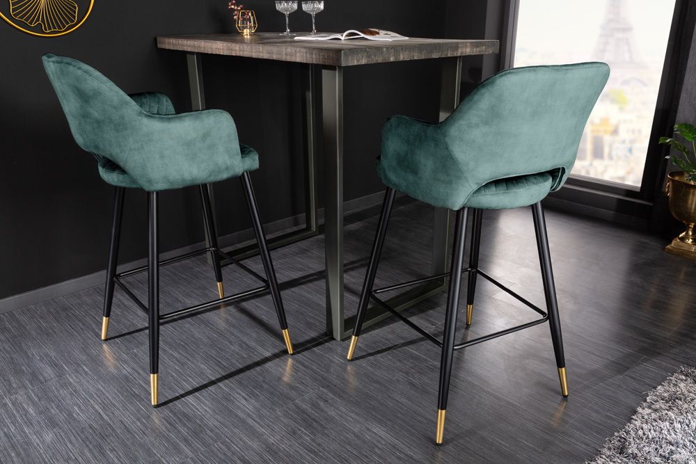 Design Barhocker PARIS petrol Samt Ziersteppung Fußkappen gold mit Armlehnen