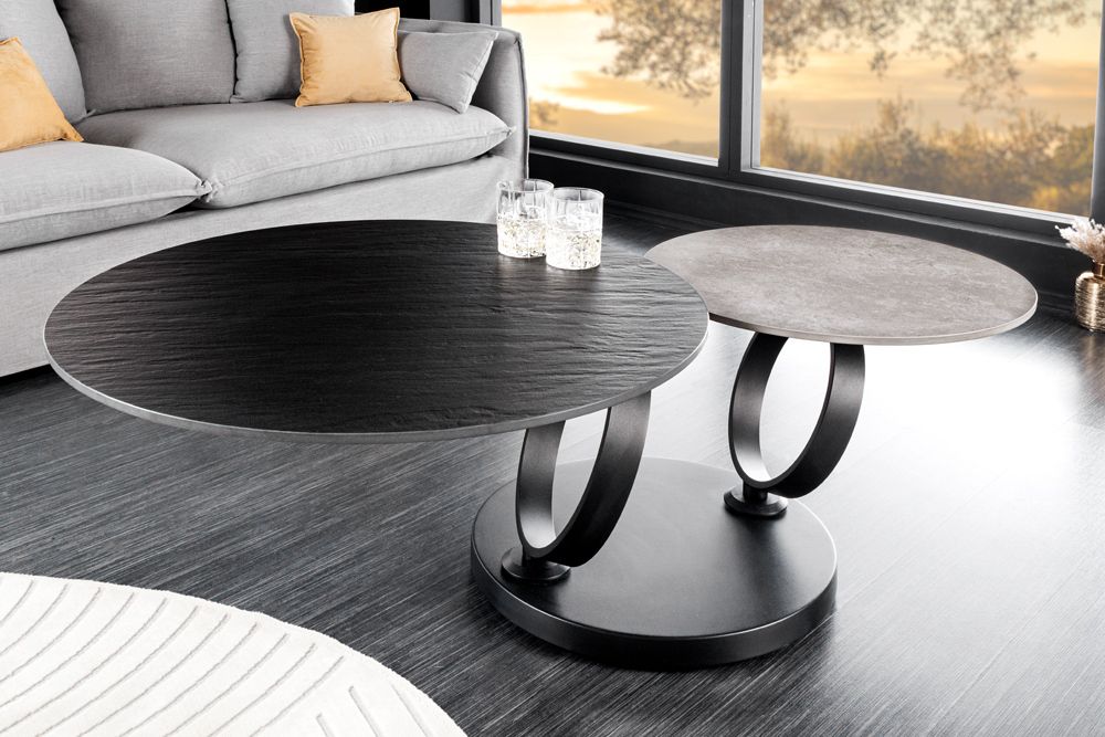 Design Couchtisch DANCING RINGS schwarz grau rund drehbar Keramik Metall