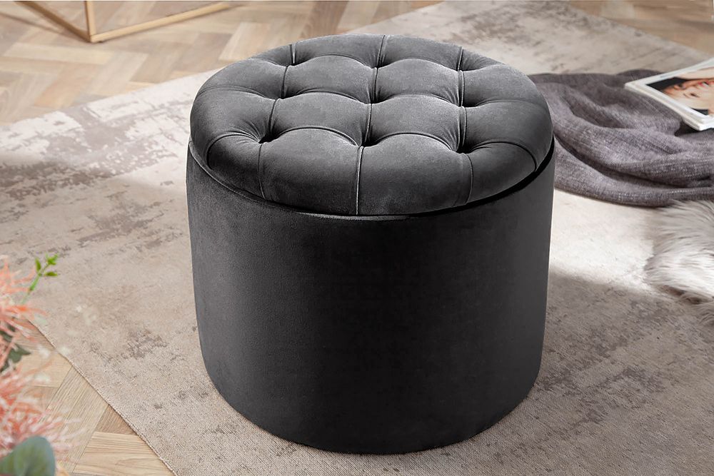 Runder Hocker MODERN BAROCK 50cm grau Samt mit Stauraum