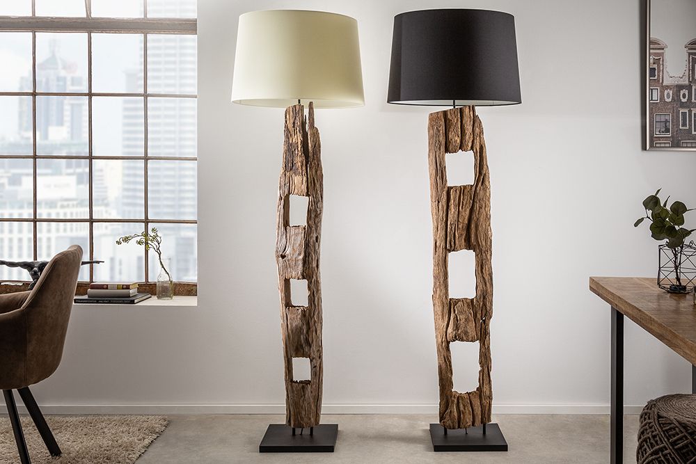 Massive Stehlampe BARRACUDA 177cm natur Akazienholz Baumwollschirm weiß Baumstamm