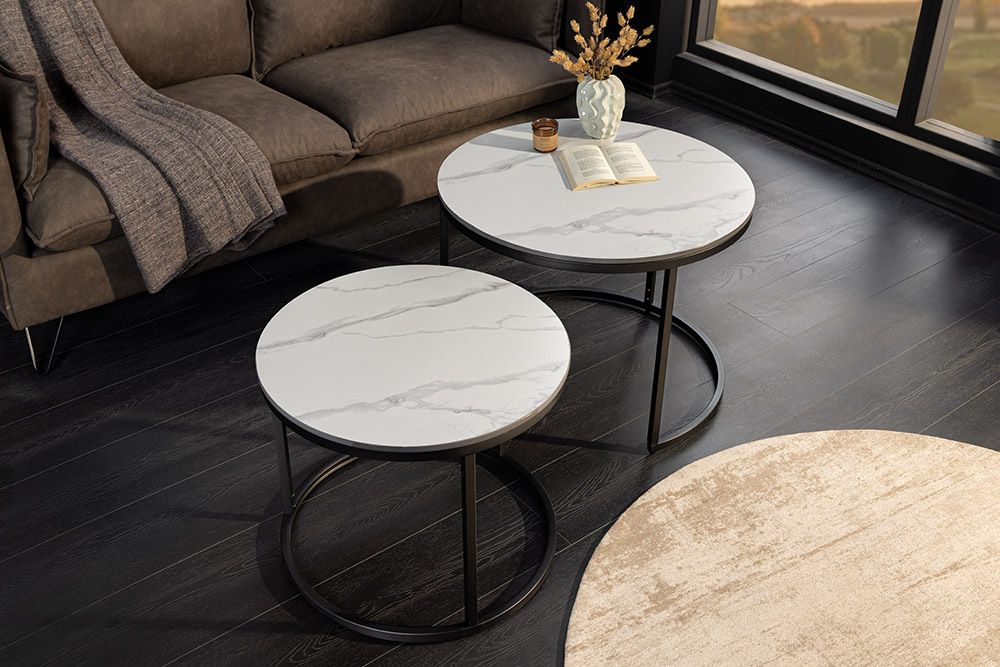Rundes 2er Set Couchtische ELEGANCE 75cm weiß Keramik schwarz Metall