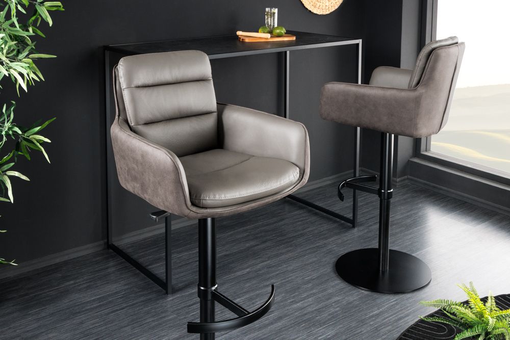 Drehbarer Design Barhocker BIG GEORGE taupe Echtleder Microfaser höhenverstellbar mit Armlehnen
