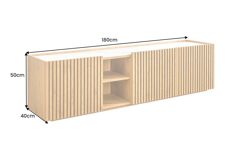 Design Lowboard VICENZA 180cm weiß Keramik natur Eiche Lamellenfront