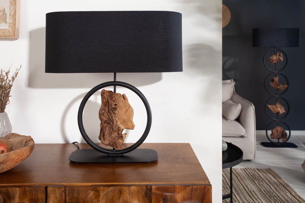 Design Tischlampe ELEMENTS 58cm schwarz Baumwollschirm Fuß mit Massivholz