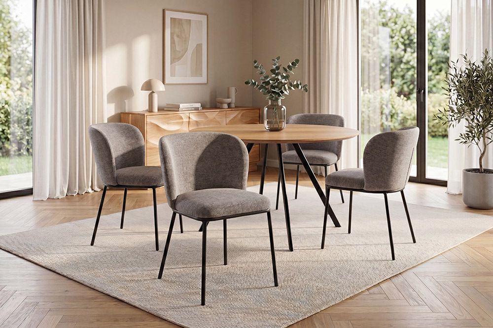 Design Stuhl LYON grau beige Chenille schwarze Metallbeine