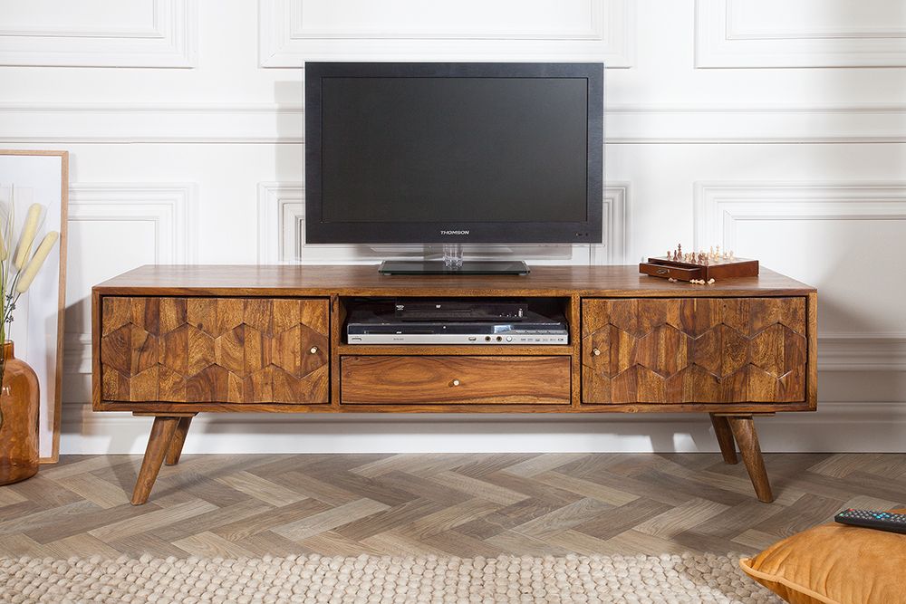 Massives TV-Board MYSTIC LIVING 140cm braun Sheesham Massivholz stone finish 3D -Front