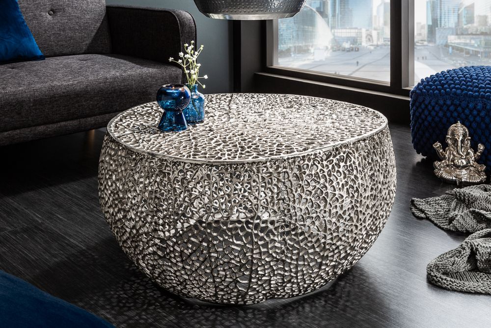 Filigraner Design Couchtisch ABSTRACT LEAF 80cm silber Handarbeit
