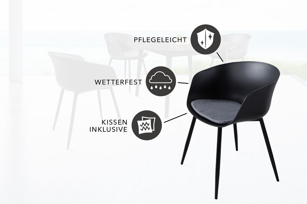 Moderner Stuhl DESIGNO schwarz Kunststoff Gartenstuhl mit Armlehnen Indoor Outdoor