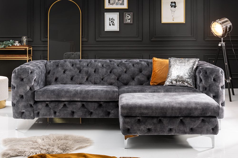 Chesterfield Hocker MODERN BAROCK 90cm dunkelgrau Samt Sitzhocker Fußhocker