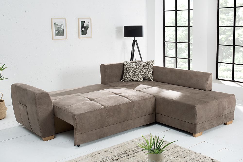 Modernes Ecksofa NORWAY 250cm taupe Microfaser Schlafsofa mit Bettkasten Federkern