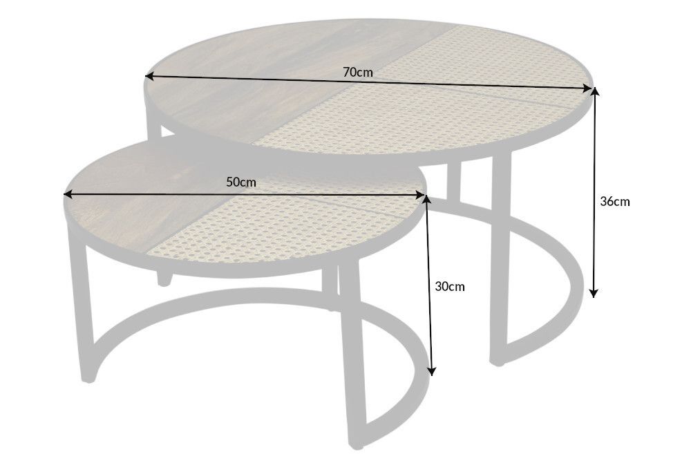 2er Set Couchtisch VIENNA LOUNGE 70cm rund Mangoholz massiv Wiener Geflecht Metall schwarz