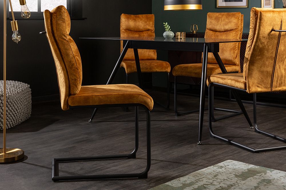 Moderner Freischwinger Stuhl COMFORT senfgelb Samt mit Komfortgriff
