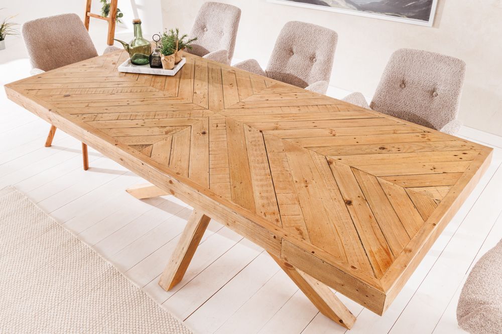 Massivholz Esstisch MOSAIK 160cm natur Pinienholz recycelt Sterngestell
