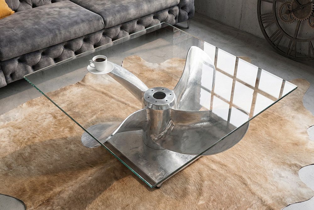 Maritimer Couchtisch OCEAN L 85cm silber antik Schiffsschraube mit Glasplatte