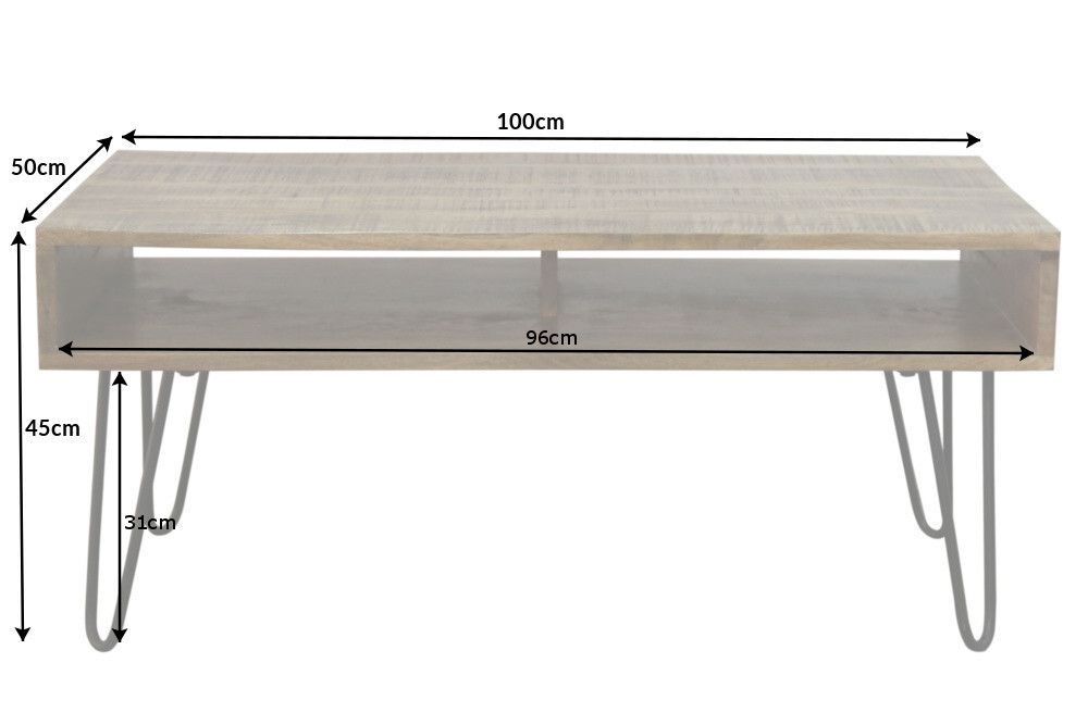 Massiver Couchtisch SCORPION 100cm natur Mangoholz Metall Hairpin Legs mit Ablage