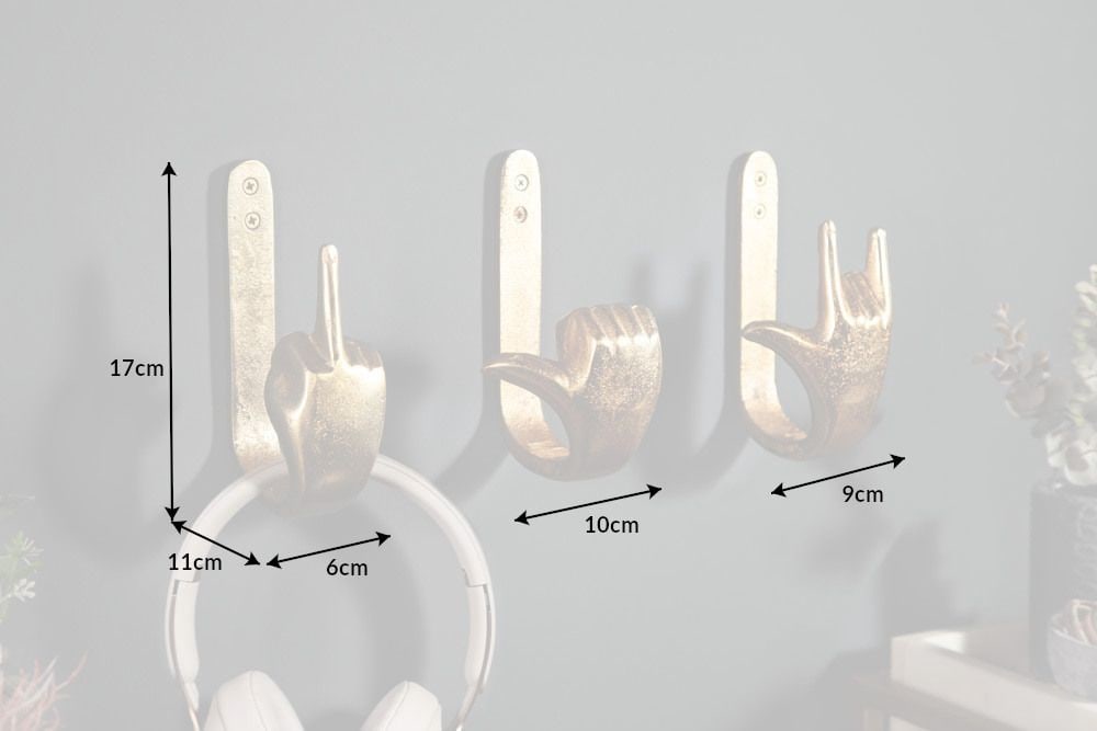 Extravagante Kleiderhaken FINGERS gold Metall-Aluminium 3er Set Wandgarderobe