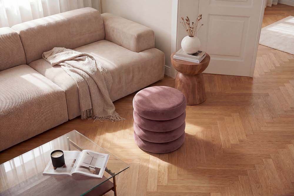 Runder Polsterhocker VOGUE 40cm rosa Samt mit Stauraum
