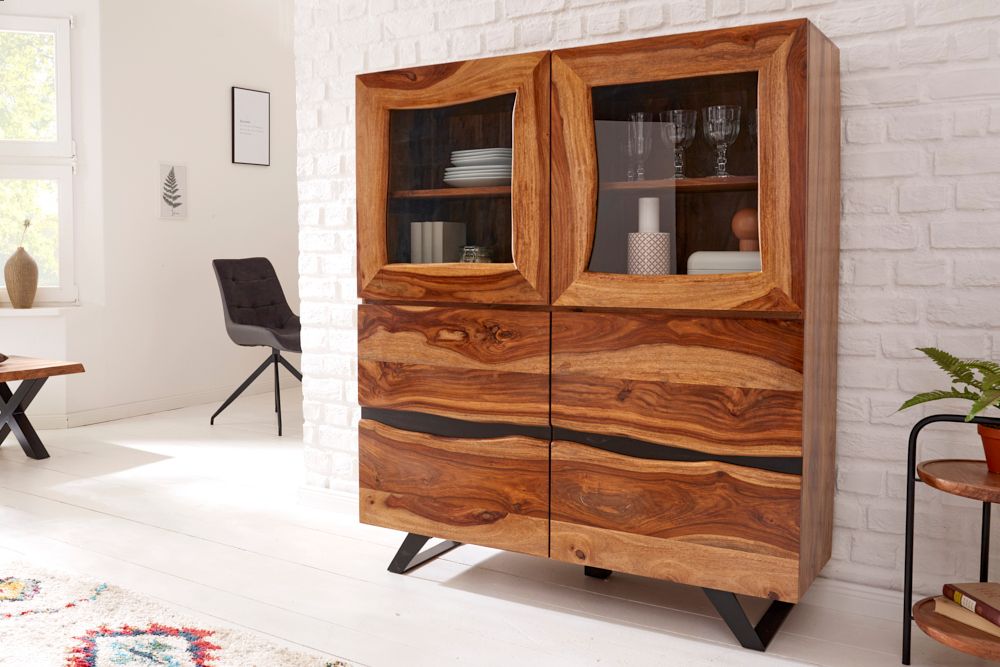 Massives Highboard AMAZONAS 140cm braun Sheeshamholz Vitrine mit Baumkante