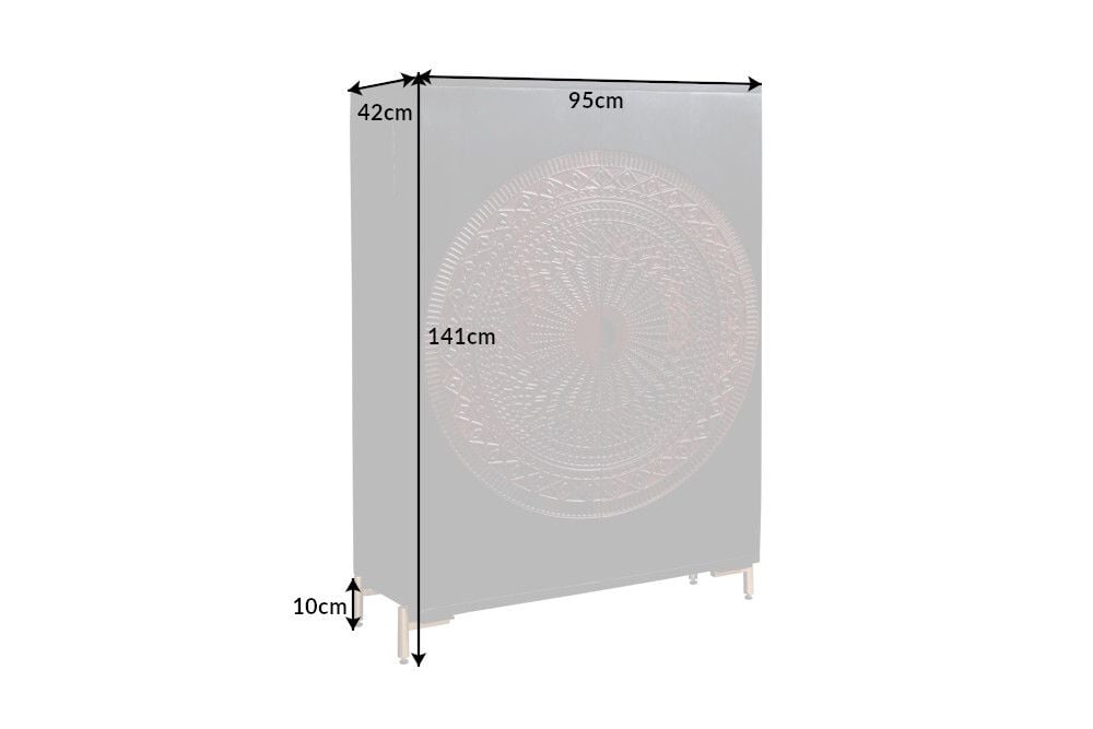Massiver XXL Barschrank MANDALA 140cm Mangoholz schwarz gold Metallgestell Schnitzerei