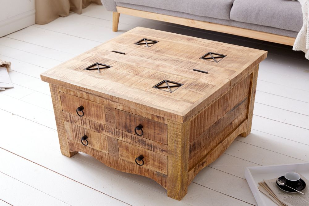 Massiver Couchtisch IRON CRAFT 70cm natur Holz Truhe mit Schubladen und Stauraum
