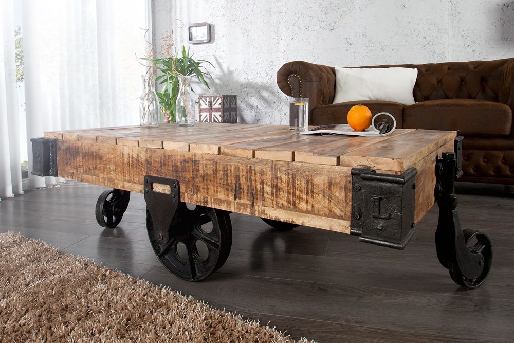 Massiver Design Couchtisch RAILWAY 110cm Mangoholz mit 4 Rädern