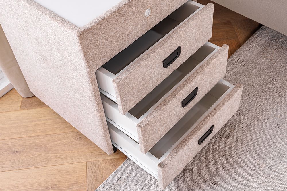 Quadratischer Nachttisch TOULOUSE 55cm beige Samt inkl. Beleuchtung und Schubladen