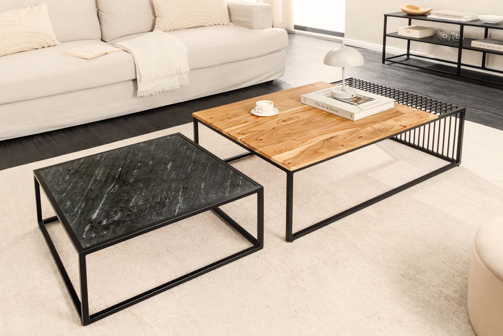 2er Set Couchtische ARCHITECTURE 90cm natur Akazienholz schwarz Steinfurnier Metall