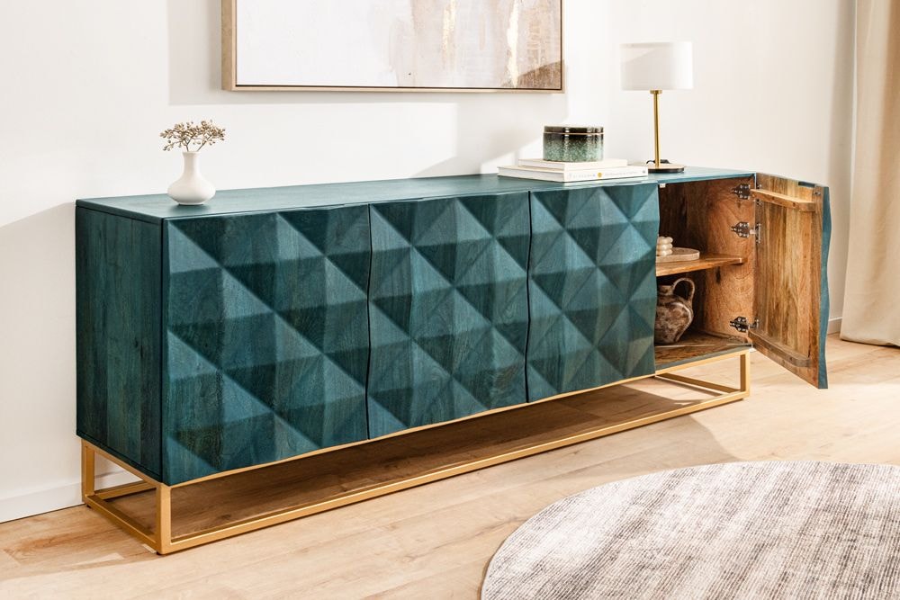 Massives Sideboard VULCANO 180cm türkis Mangoholz gold Metallgestell