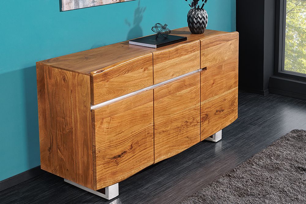 Massivholz Sideboard MAMMUT 135cm Akazie Kommode mit Schubladen Baumkante Edelstahl