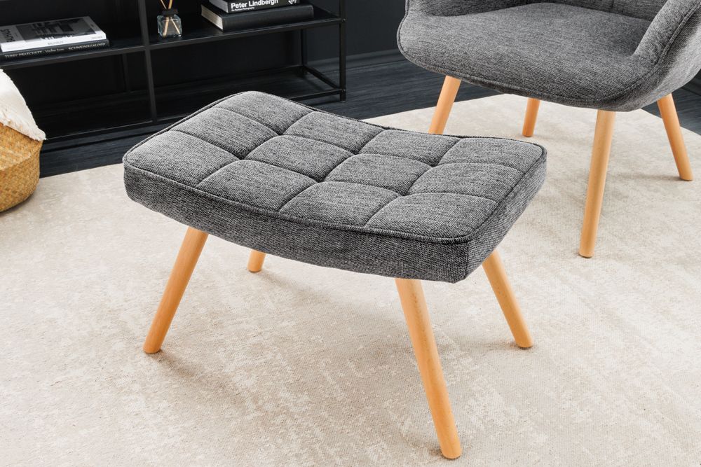Moderner Hocker SCANDINAVIA grau Strukturstoff Massivholz-Beine Fußhocker