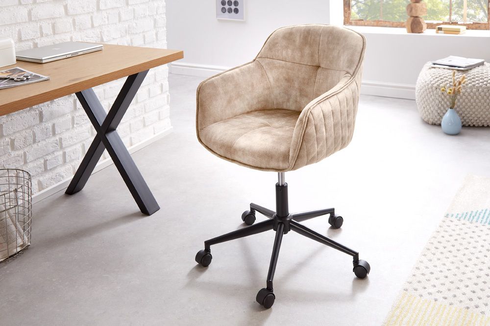 Höhenverstellbarer Design Bürostuhl EUPHORIA champagner greige Samt drehbar Ziersteppung