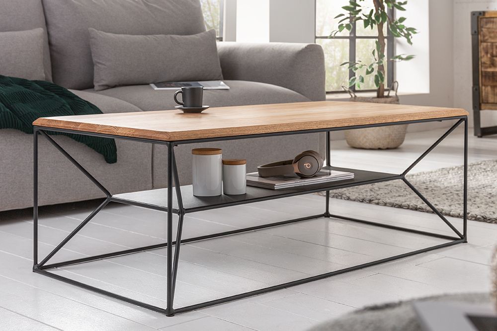 Massivholz Couchtisch ARCHITECTURE 110cm Eiche geölt schwarzes Metallgestell mit Ablage