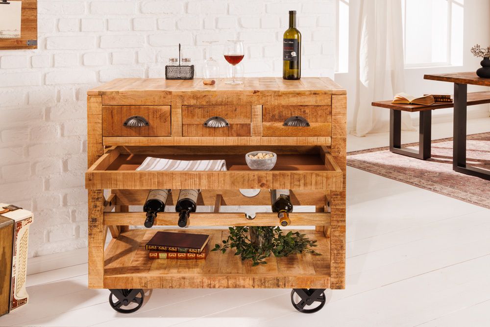 Industrial Barschrank BODEGA 86cm Mangoholz Servierwagen mit Weinregal