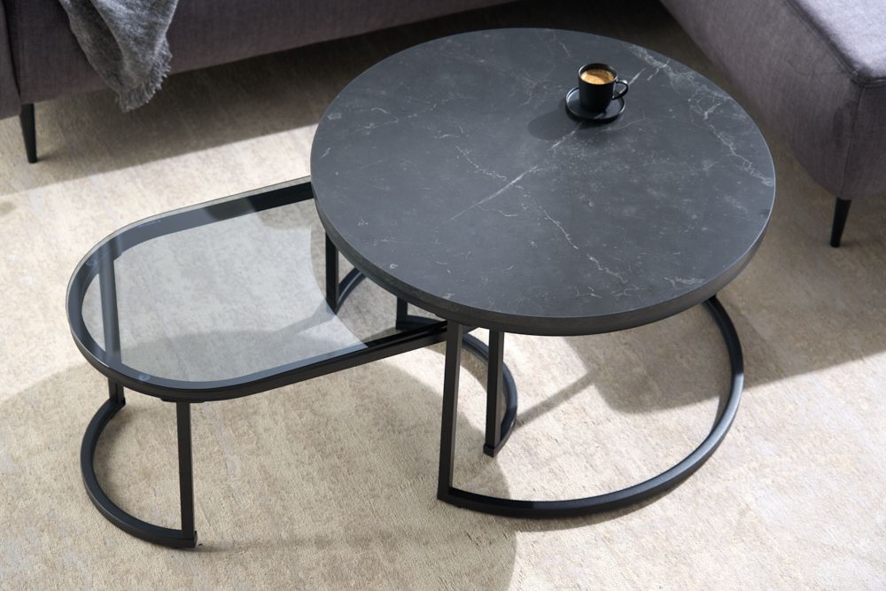 2er Set Couchtisch ELEGANCE 70cm graphit Marmor-Design Glas Metall rund oval
