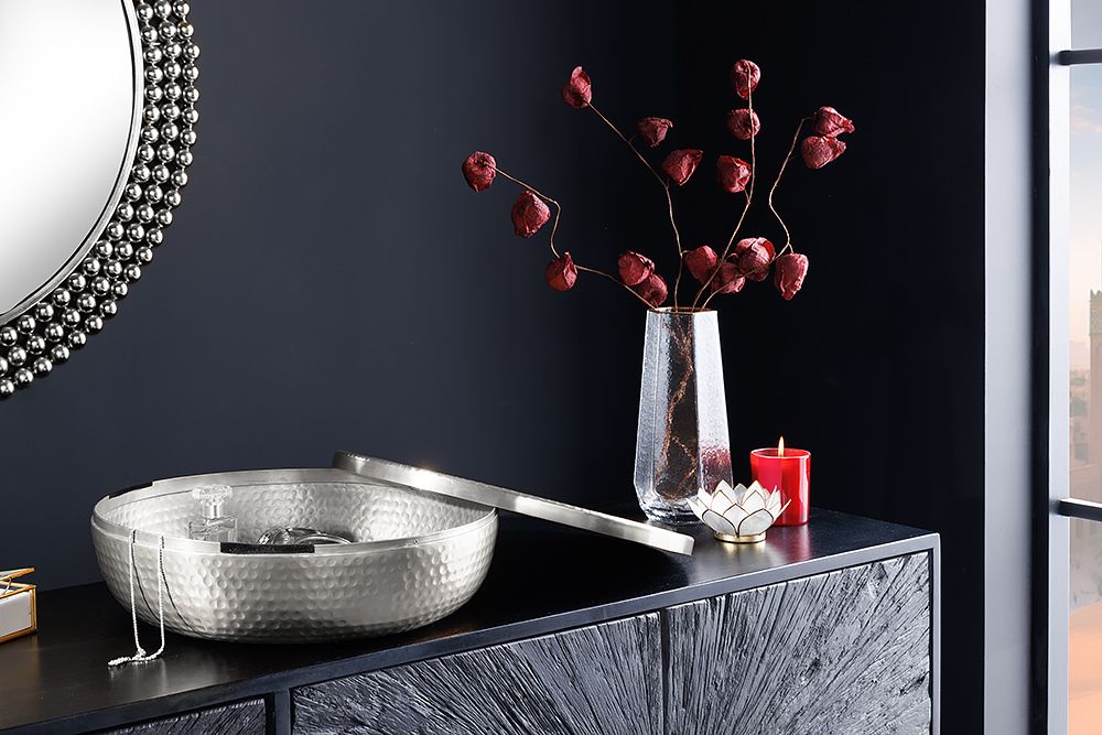 Handgefertigte Schale ORIENT 40cm silber Metall rund mit Deckel Schmuck-Dose