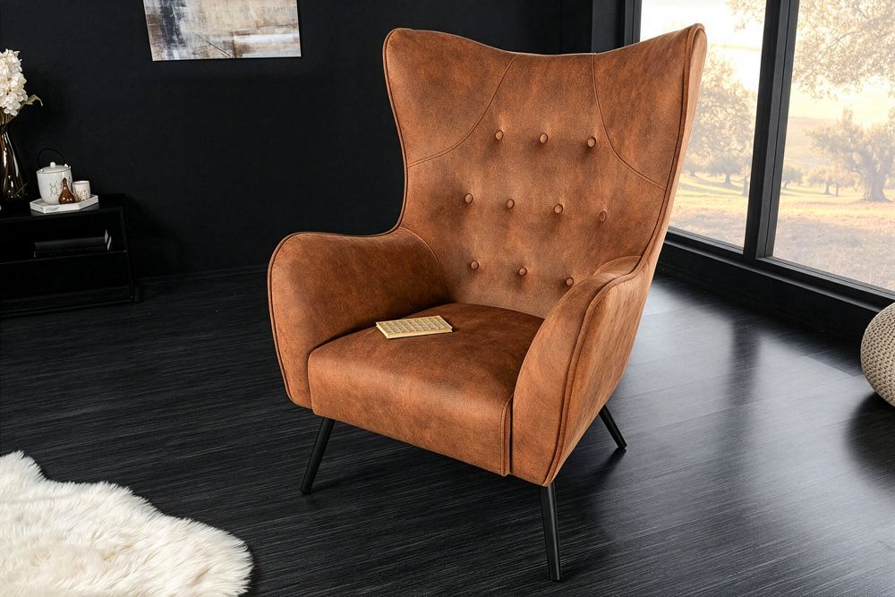 Design XL Sessel AMSTERDAM antik braun Microfaser schwarze Metallbeine