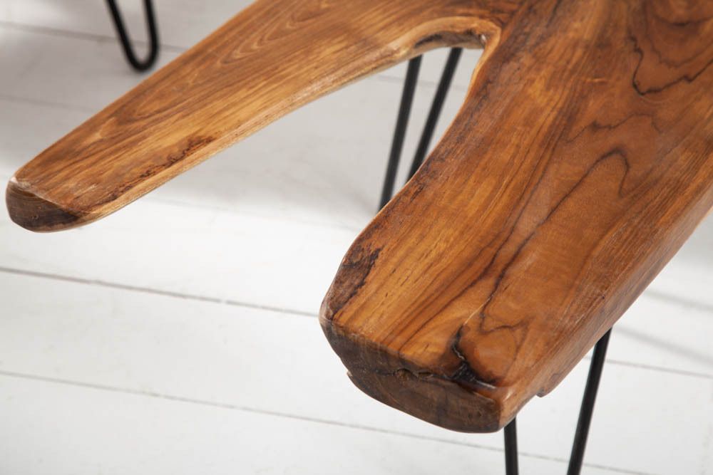 Massiver Couchtisch WILD 100cm Teak Massivholz Baumscheibe Hairpin Legs