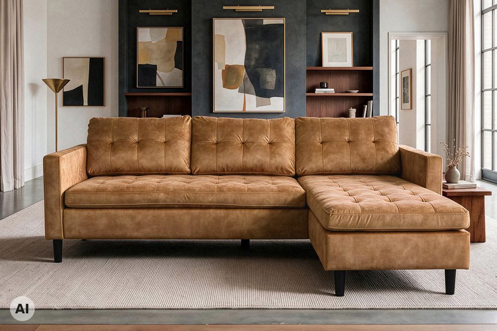 Ecksofa STOCKHOLM 220cm senfgelb Samtstoff Federkern 3-Sitzer-Sofa