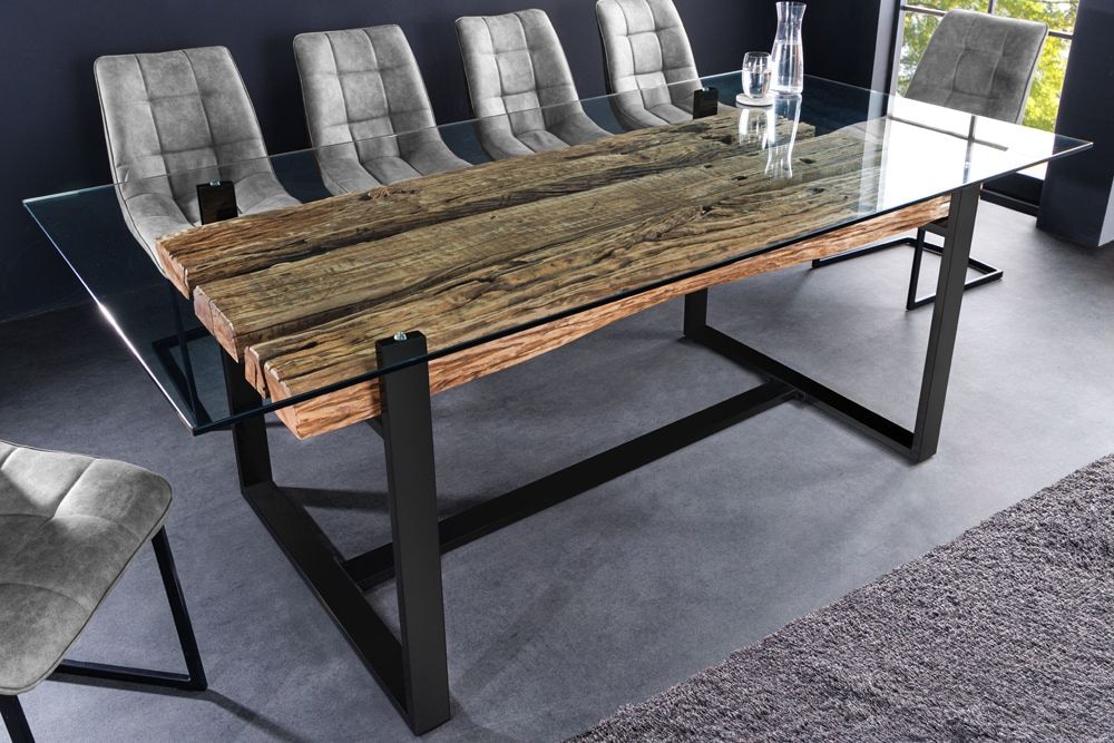 Design Glas Esstisch BARRACUDA 220cm natur Teak Massivholz schwarz Kufengestell