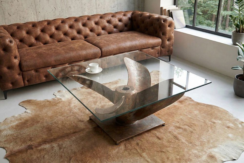Maritimer Couchtisch OCEAN L 85cm antik kupfer mit Schiffsschraube und Glasplatte