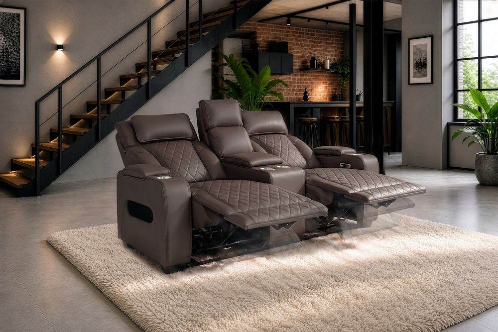 Elektrischer 2er Kinosessel HOLLYWOOD braun Kunstleder Relaxfunktion Getränkehalter