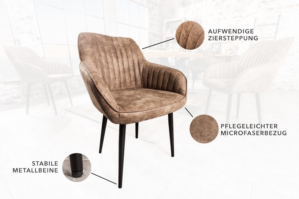 Edler Armlehnen Stuhl TURIN vintage taupe mit Ziersteppung