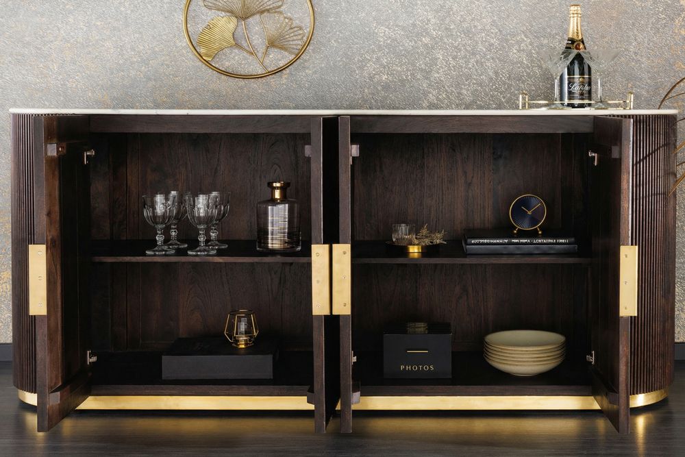 Design Sideboard GATSBY 170cm braun gold Mangoholz weiße Marmorplatte