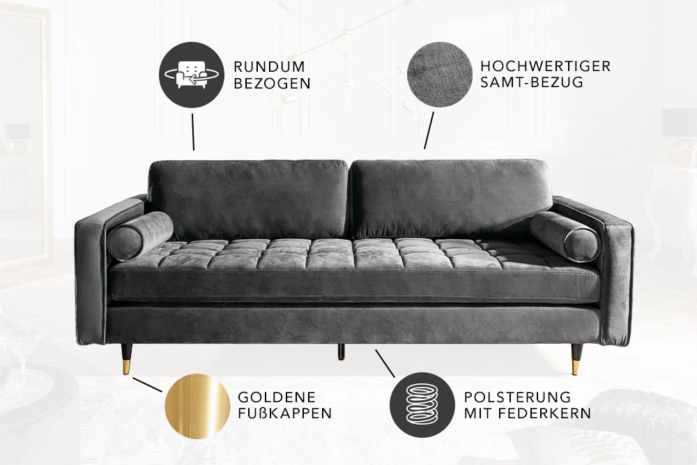 Design 3-Sitzer Sofa COZY VELVET 220cm grau Samt Federkern Lounge