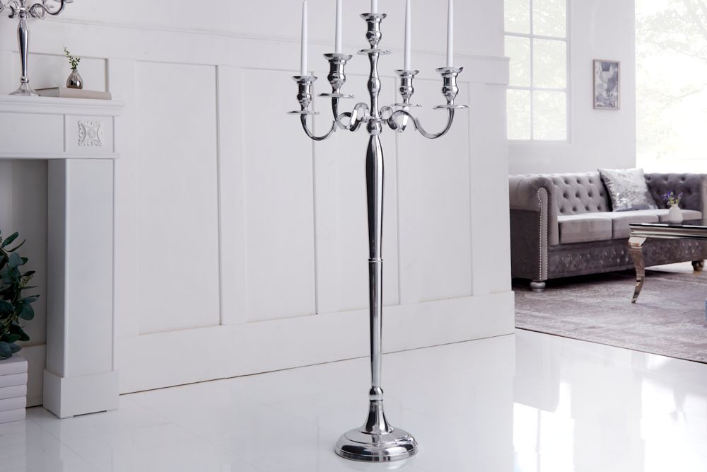 Kerzenständer MODERN BAROCK 120cm silber 5-armig Lüster Aluminium poliert Kerzenhalter