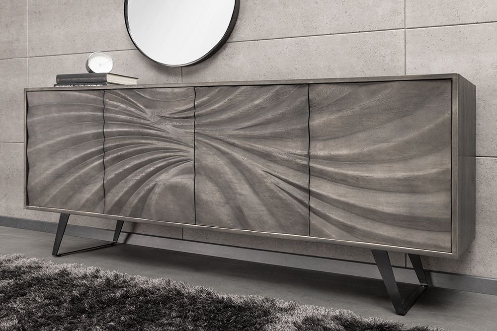 Massivholz Sideboard HURRICANE 175cm grau Akazie 3D-Design