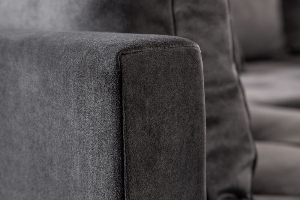 Moderne Wohnlandschaft KENT 220cm grau Samt Ecksofa Federkern inkl. Hocker und Kissen