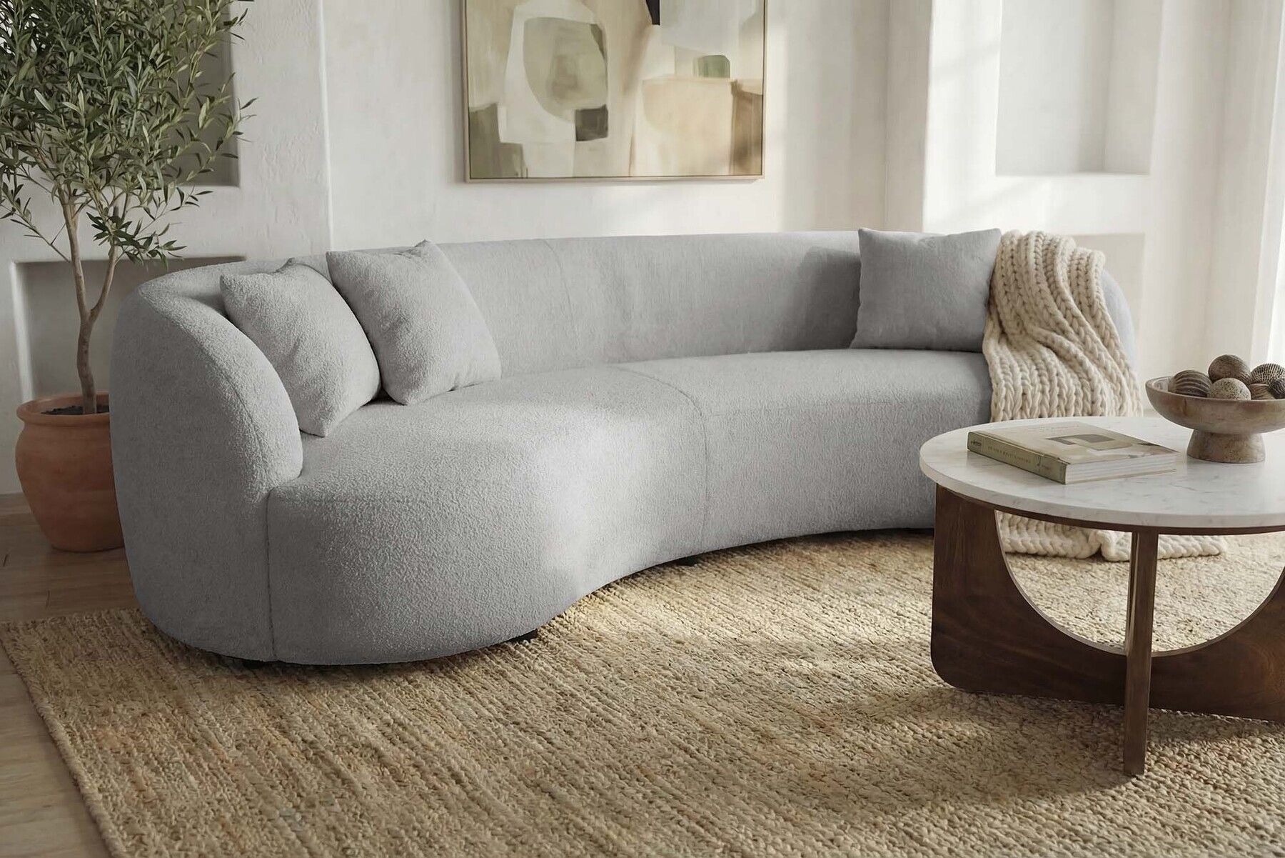 Modernes Sofa ATELIER 230cm grau Bouclé  3-Sitzer Couch inkl. Kissen